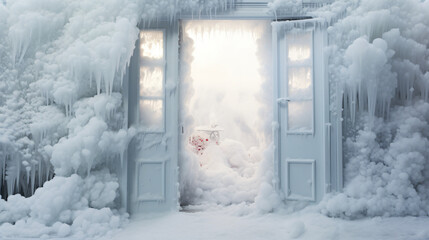 Entrance door covered in ice and snow drift