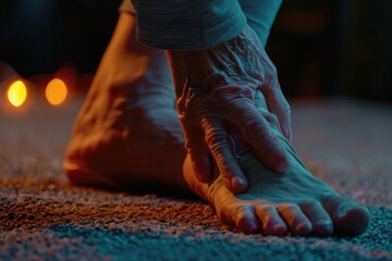 A close up view of a person's foot with a lit candle in the background. This image can be used to depict relaxation, spa treatments, or meditation