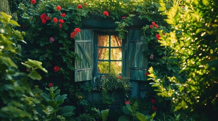 A beautiful window in a garden adorned with vibrant red flowers. Perfect for adding a touch of nature to any project