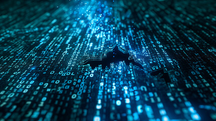 Graphic depiction of binary code leaking from a cracked computer screen, signifying a compromise in digital security