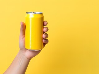 Dan is holding a drink can made of metal in the photo in front of a yellow background - obrazy, fototapety, plakaty