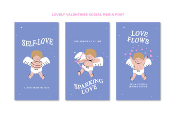Set of hand drawn social media templates with cute cupids with different poses and facial emotions for Valentine's Day promotion in a set for banner, feed, background, card, and ads