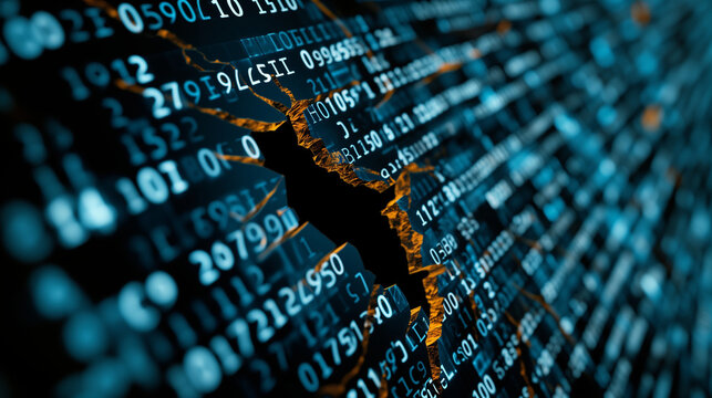 Graphic depiction of binary code leaking from a cracked computer screen, signifying a compromise in digital security