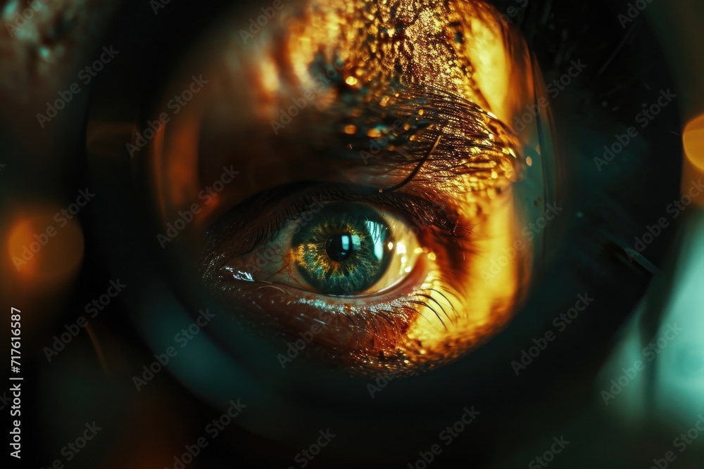 Poster close-up view of a person's eye as seen through a magnifying glass. can be used to illustrate concep