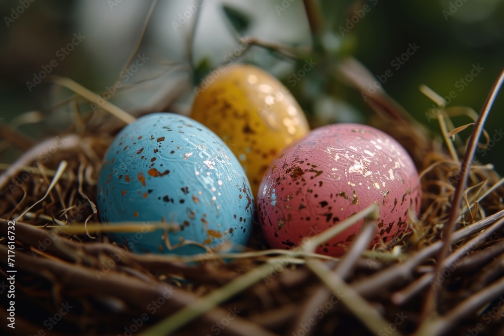 Poster Three eggs are nestled in a nest made of grass and twigs. This image can be used to represent new beginnings, fertility, or the cycle of life