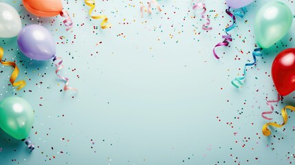 Balloons, Streamers, and Confetti Adorning an Empty Background with copy space, Happy Atmosphere of the Festival, carnival or birthday party. - obrazy, fototapety, plakaty