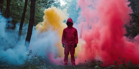 A man standing amidst a forest with vibrant colored smoke. This image can be used to depict mystery, creativity, or a sense of adventure.