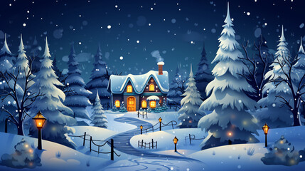 Fairytale Christmas house in winter forest at night