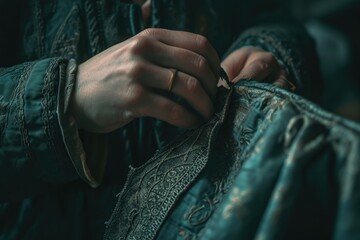 A woman is seen sewing a dress with a pair of scissors. This image can be used to depict fashion design or DIY projects