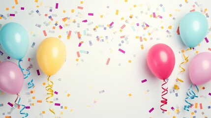 Balloons, Streamers, and Confetti Adorning an Empty Background with copy space, Happy Atmosphere of the Festival, carnival or birthday party.