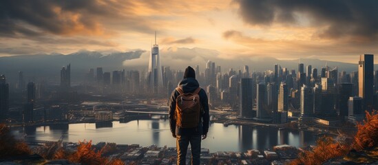 a man with a backpack standing on top of a city skyline - obrazy, fototapety, plakaty