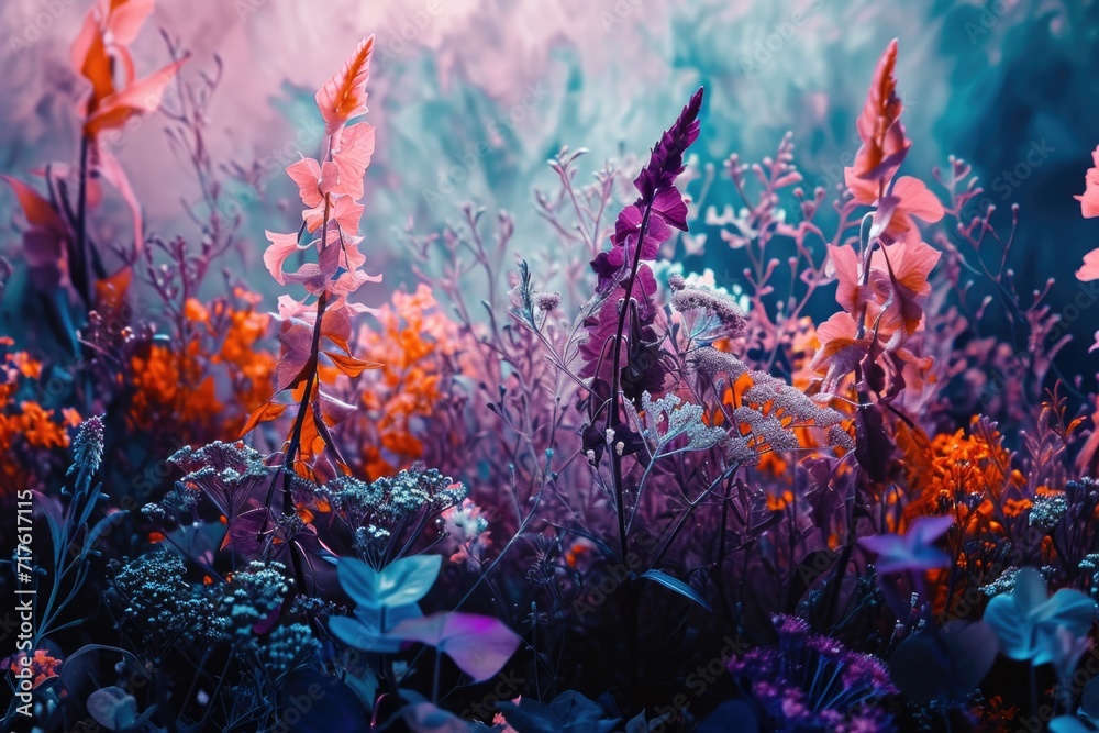 Poster a vibrant field of purple and orange flowers set against a clear blue sky. perfect for adding a pop 