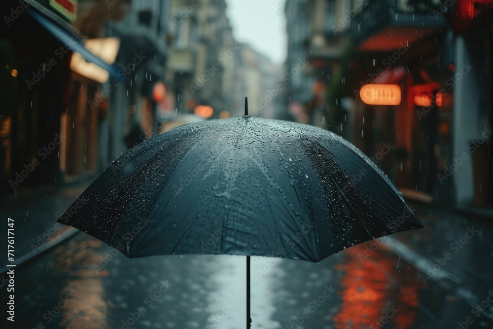 Poster a person holding an umbrella in the rain. perfect for weather-related projects or depicting protecti