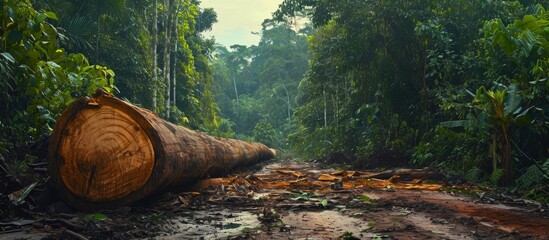 Amazon rainforest area managed for sustainability with Pequia log over 150cm diameter harvested. - obrazy, fototapety, plakaty
