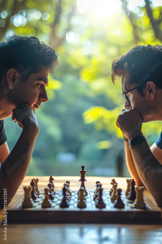 Poster two men engaged in a game of chess on a table. suitable for illustrating strategic thinking and inte