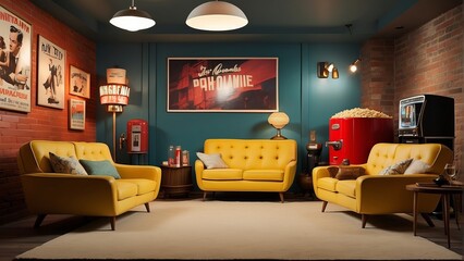 Vintage-Styled Living Room with Yellow Sofas, Retro Posters, Popcorn Machine, and Classic Jukebox in Cozy Ambient Lighting