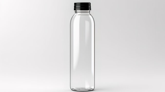 A clear bottle in the photo in front of a gray background. generative AI