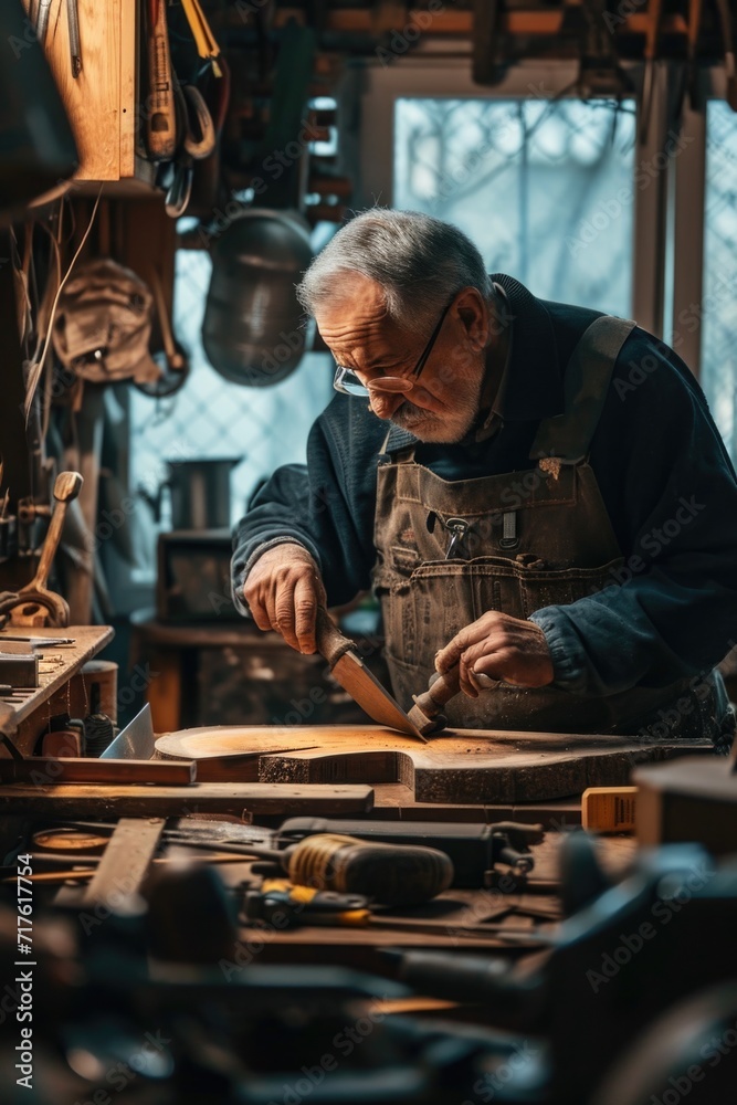 Poster a man diligently working on a piece of wood in a workshop. perfect for showcasing craftsmanship and 