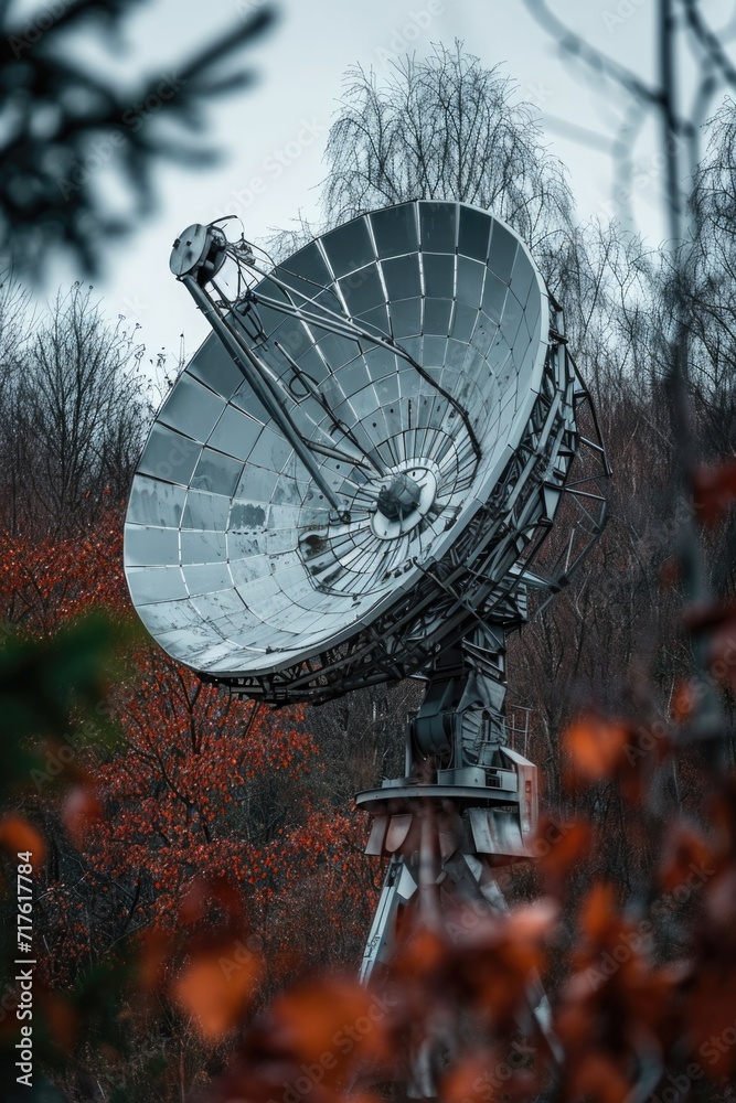 Poster a satellite dish sitting in the middle of a forest. suitable for technology and communication concep