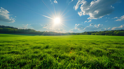 Obraz na płótnie Canvas Field of green wheat and sun rays in the sky