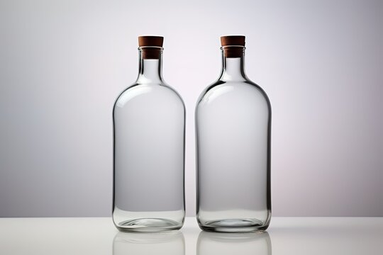A clear empty glass bottle in the photo in front of a gray background