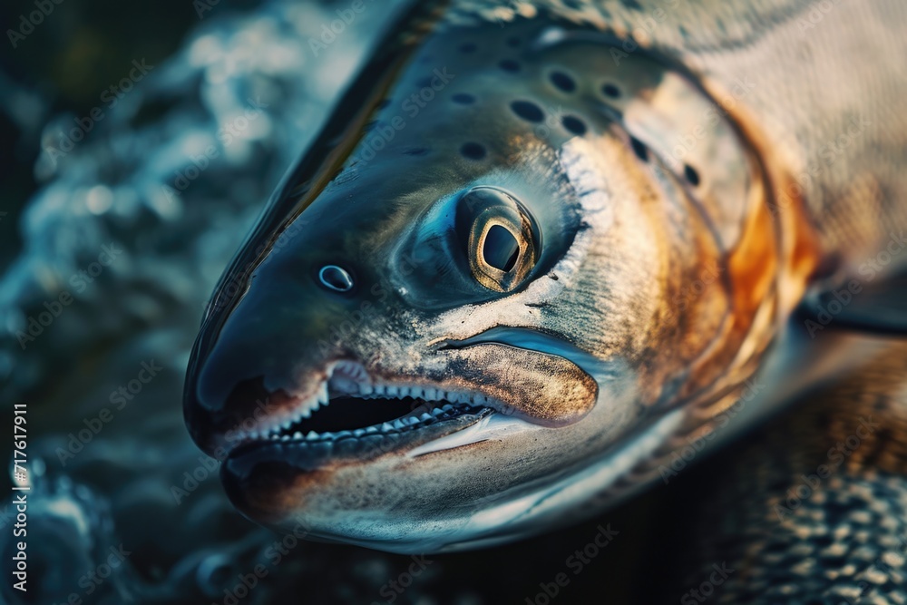 Poster a detailed view of a fish's face with the shimmering water in the background. ideal for aquatic-them