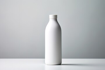 An empty white bottle in the photo on a white table and in front of a gray wall