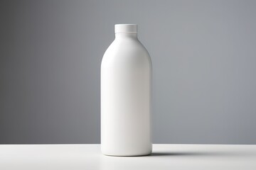 An empty white bottle in the photo on a white table and in front of a gray wall