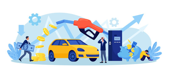 Naklejka premium High price for car fuel. People wasting money for gasoline. Rapid growth cost petrol. Global increase rise energy prices. Fuel economy, money savings. Transport gas consumption, fossil energy crisis