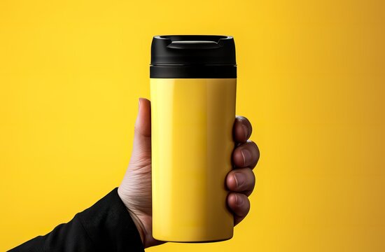 Dan is holding a drink can made of metal in the photo in front of a yellow background