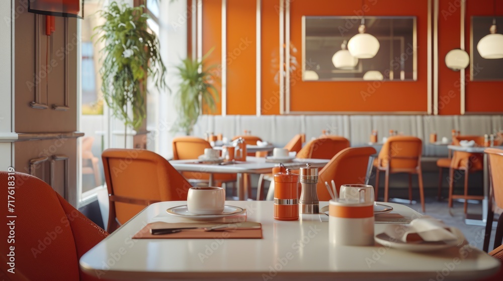 Poster a dining room featuring vibrant orange chairs and a sleek white table. perfect for adding a pop of c