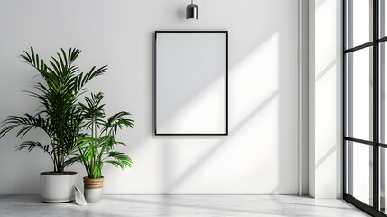 Beautiful modern white room with empty frame for text on the wall