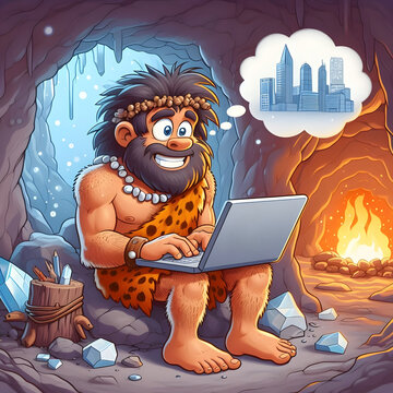 Generative AI Cartoon caveman using a laptop in a cave