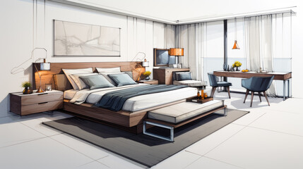 Drawing of a Large Bedroom interior with very refined modern style like an hotel suite