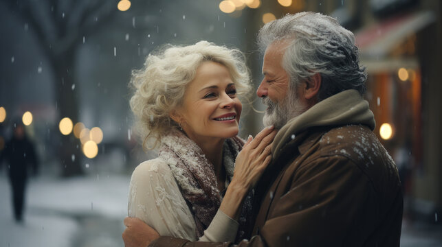 Happy Mature couple smiling and hugging each other and sharing love moment outside under the snow with a blurry background