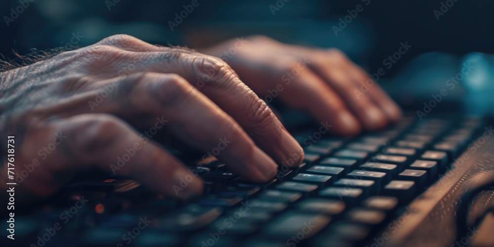 Poster person typing on a keyboard, suitable for technology or work-related themes
