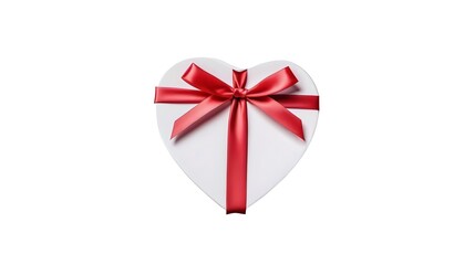 Valentine’s Day Gift - White Heart-Shaped Box with Elegant Red Ribbon Bow Isolated on White Background