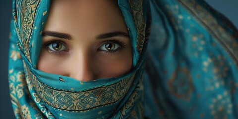 Person wearing a headscarf up close. Can be used to represent religious or cultural diversity - obrazy, fototapety, plakaty
