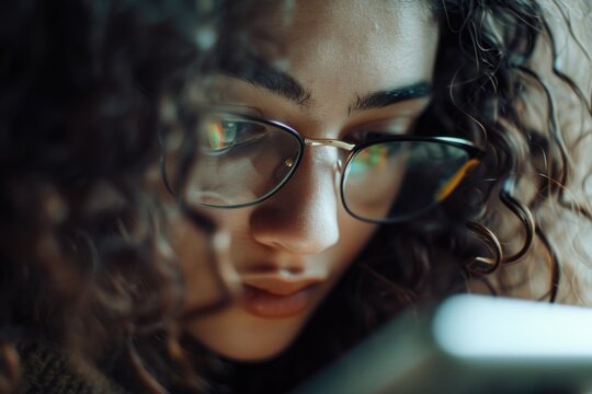 A woman wearing glasses is seen looking at her cell phone. This image can be used to depict technology, communication, or modern lifestyle