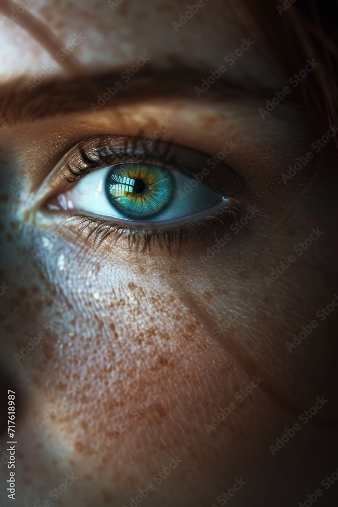 Poster A close-up view of a person's eye with beautiful freckles. This image can be used to represent uniqueness, beauty, or diversity