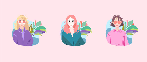 Avatars. Anime girls. Cute character with plants. Cartoon style. Vector illustration.