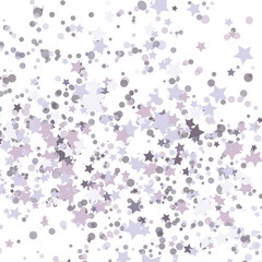 Stars purple glitter confetti isolated on blurred abstract white background. Festive holiday background. Celebration concept. Falling magic gold particles. Invitation mock up. Top view, flat lay