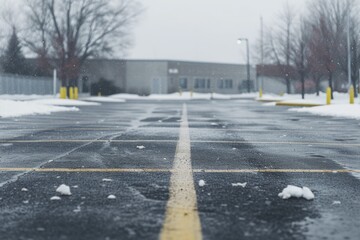 A parking lot covered in snow with falling snowflakes. Perfect for winter-themed projects - obrazy, fototapety, plakaty