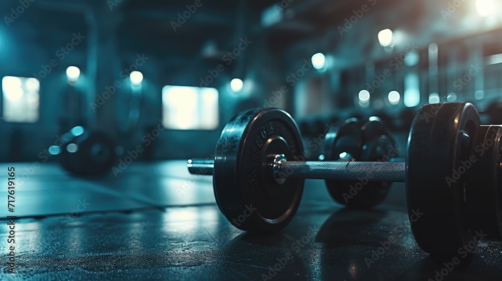 Poster close up of dumbbells on a gym floor. suitable for fitness and exercise concepts