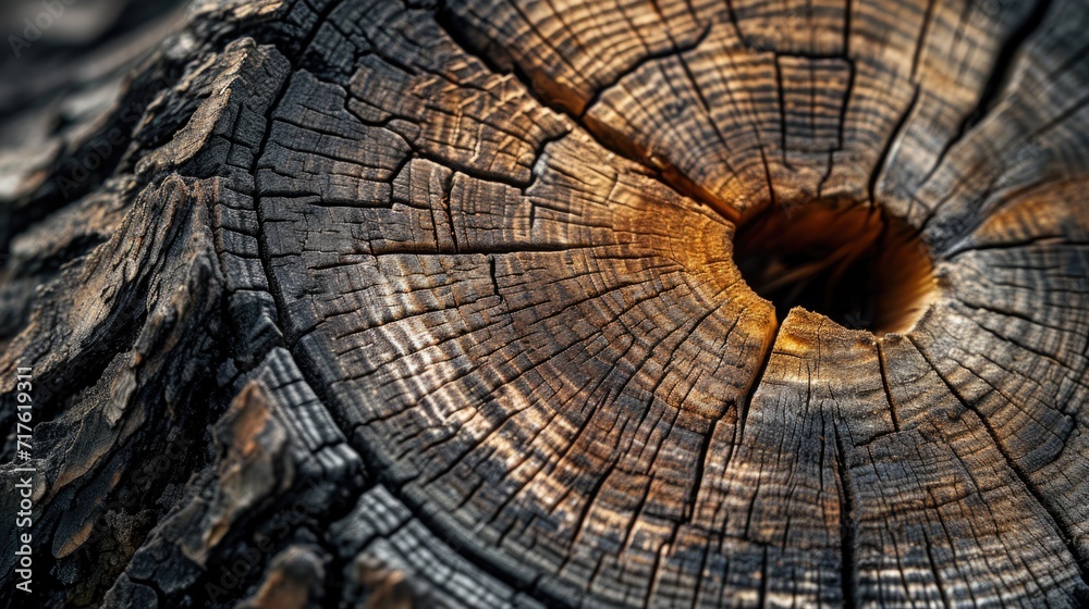 Poster a close-up view of a piece of wood with a hole. this image can be used to represent nature, textures