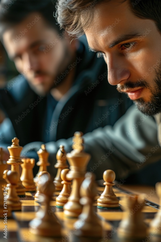 Poster two men engaged in a game of chess. suitable for illustrating strategic thinking or intellectual com