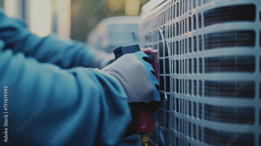 Poster a person in a blue jacket is working on an air conditioner. this image can be used to illustrate hva