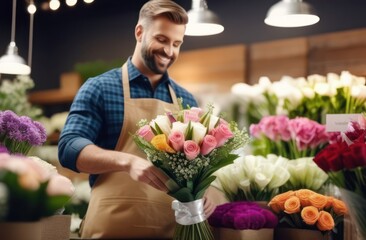 A man florist in a flower shop creates a composition of spring flowers before Mother's Day, March 8. Conceptual banner, template, layout for advertising