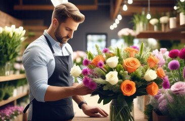 A male florist creates a beautiful bouquet in a flower shop before Mother's Day, March 8th. Close-up