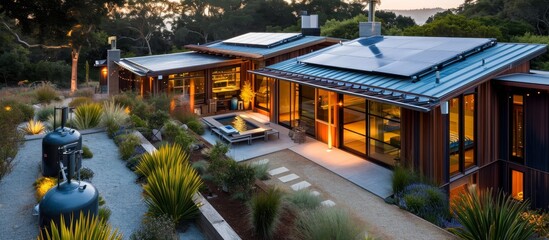 Houses with rooftop solar heaters and tanks. - obrazy, fototapety, plakaty